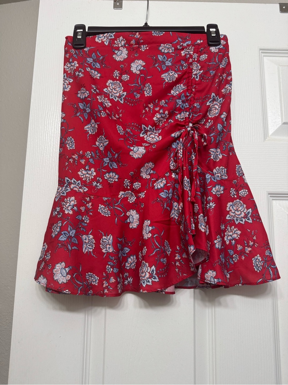 Max Studio Red Floral Asymmetrical Ruffle Skirt